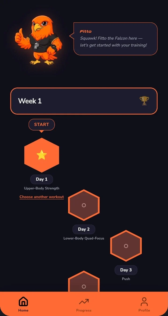 Existing FITTOLETE promotional app capture: FITTO introduces the weekly hexagonal workout path